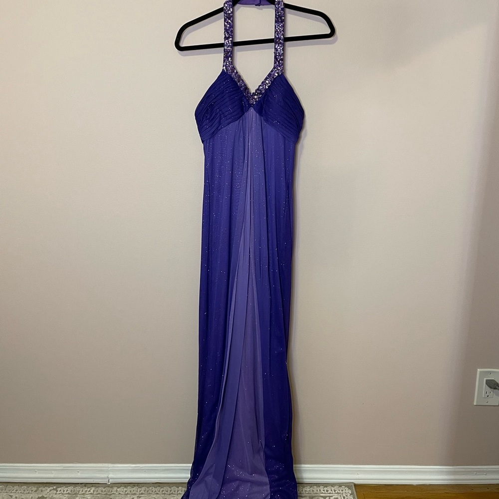 Purple Sparkle Backless Gown with Beaded Neck